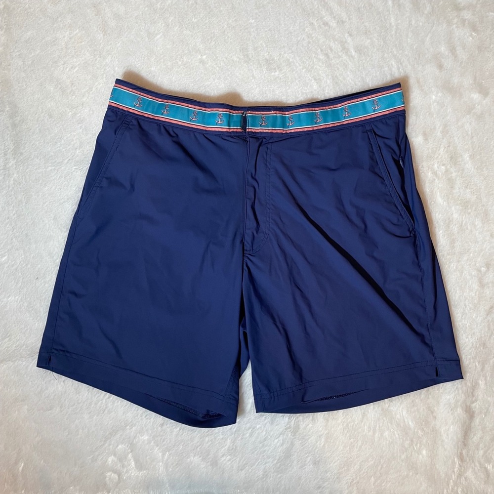 Okaicos Mens Navy Blue‎ Anchor Waistband Swim Trunks Board Shorts Sz 32 Coastal